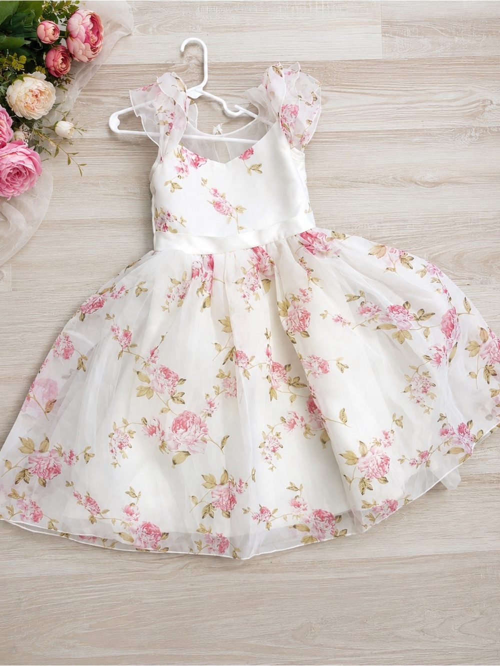 Girls White Floral Party Dress with Pink Roses